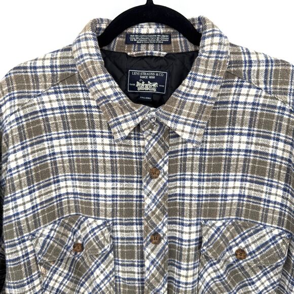 LEVI'S Green Blue Lined Plaid Flannel Long Sleeve Shirt Shacket Size XXL 2XL - Picture 2 of 7